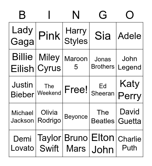 Pop Stars Bingo Card