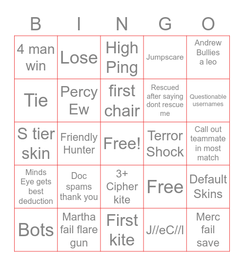 Identity V Bingo Card