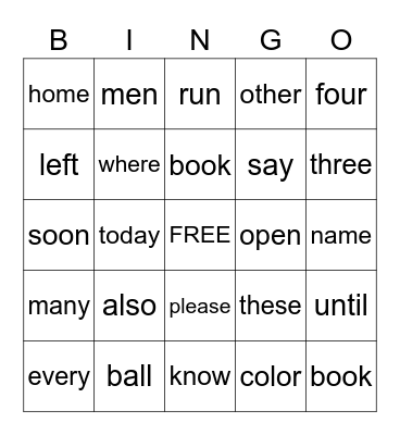 Sight Word List 2 Bingo Card
