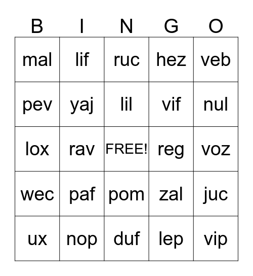 Nonsense Word Bingo Card