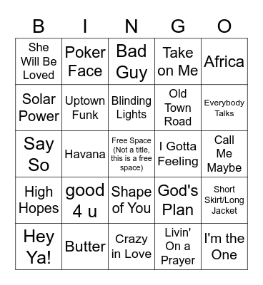 Pop Song Bingo Card