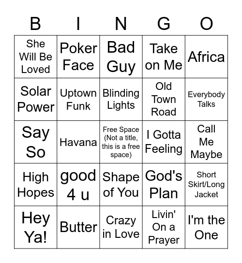 Pop Song Bingo Card