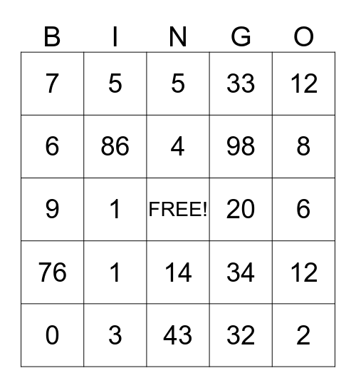 Number Bingo Card