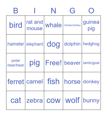 Animals Bingo Card