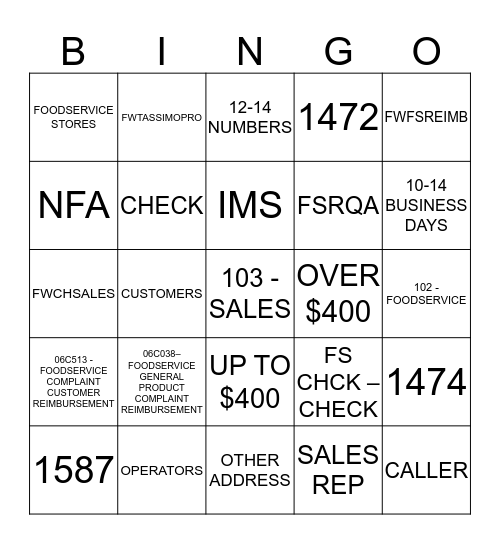 FOODSERVICE BINGO Card