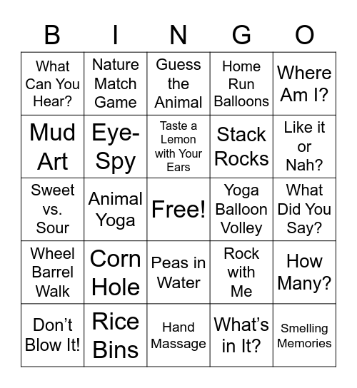 Harmony Family CampSensory Bingo Card