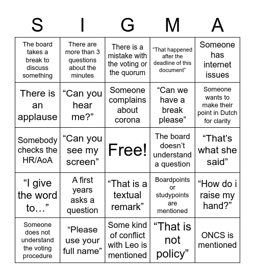 Sigma vote GM Bullshit bingo Card