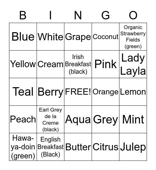 Tea Party Bingo Card