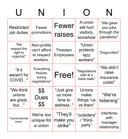 Anti-Union Bingo Card