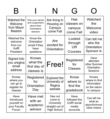 Orientation Bingo Card