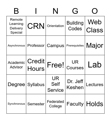 University Terms Bingo Card