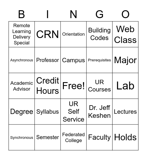 University Terms Bingo Card