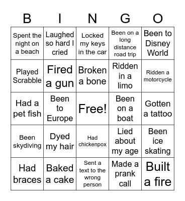 Never Have I Ever Bingo Card