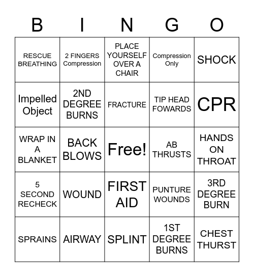 First Aid/CPR/Choking Bingo Card