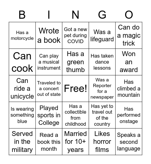 Get to Know You Bingo Card