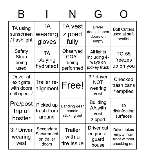 Trailer Yard Safety BINGO! Bingo Card