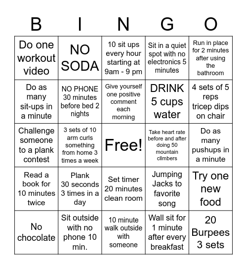 WORKOUT CHALLENGE Bingo Card