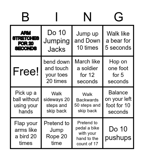PE Bing Bingo Card