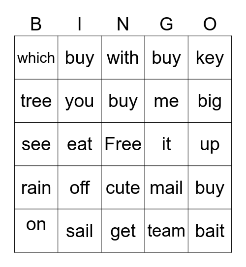 Sight Word Bingo Card