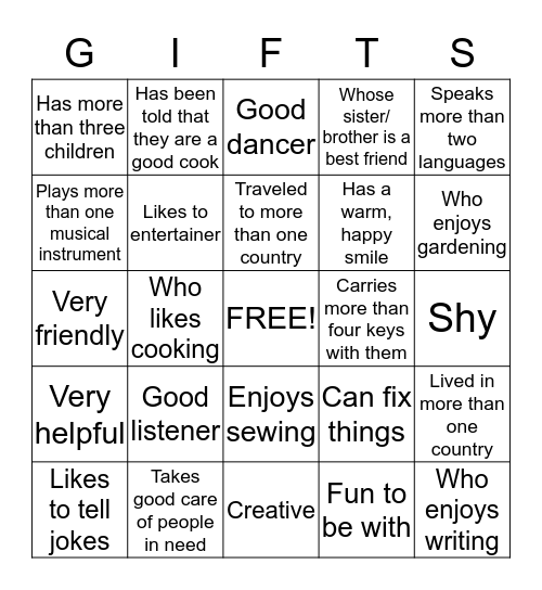Know Your Gifts BINGO Card
