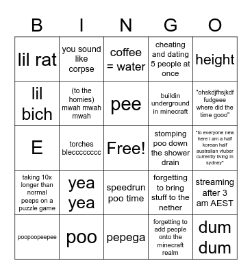 Schratdonger Pee's Bingo Card