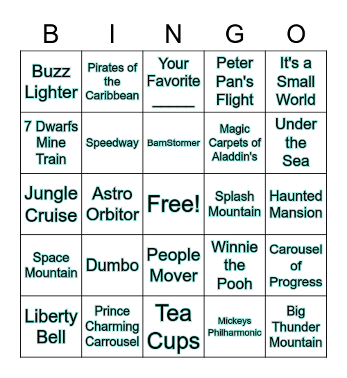 Magic Kingdom Attractions Bingo Card