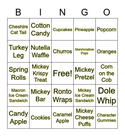 Favorite Disney Snack Bingo Card