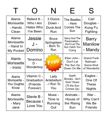 Game Of Tones 6/29/21 Game 7 Bingo Card