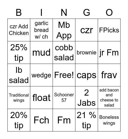 Hideaway Pizza Bingo Card