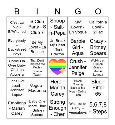 90's Gay Music Bingo Card