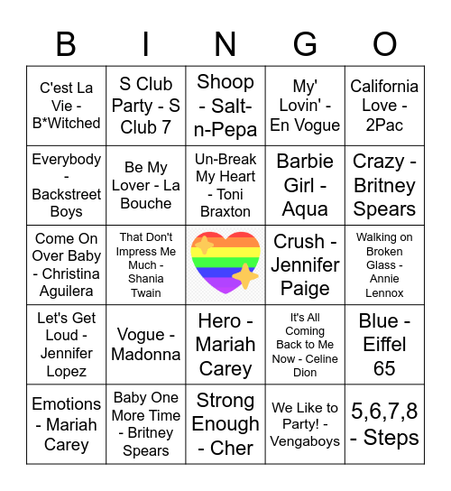 90's Gay Music Bingo Card