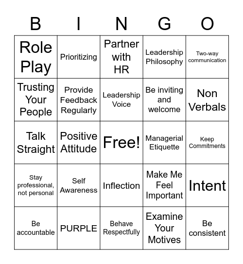 Leadership Development Day 1 Bingo Card