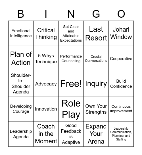 Leadership Development Day 2 Bingo Card