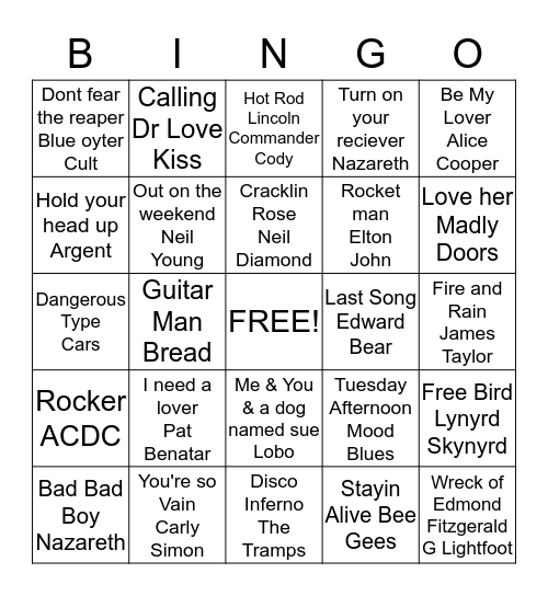 70's music  Bingo Card