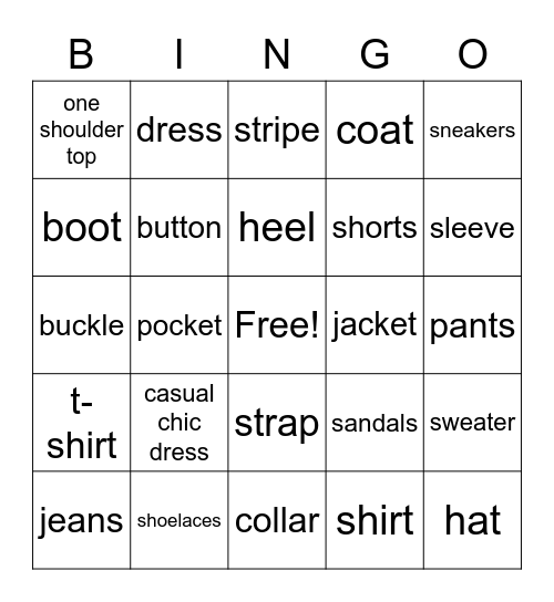 clothing Bingo Card