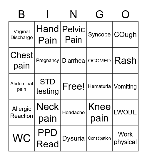 HPI Pain Bingo Card