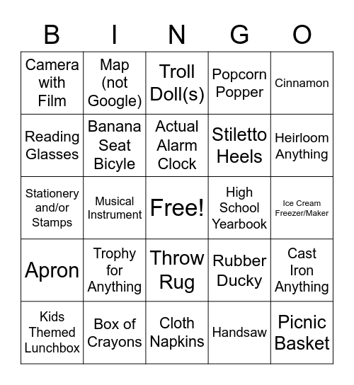 Scavenger Hunt (Sort Of) Bingo Card
