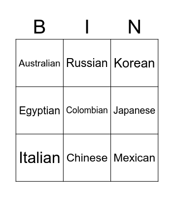 Nationalities Bingo Card