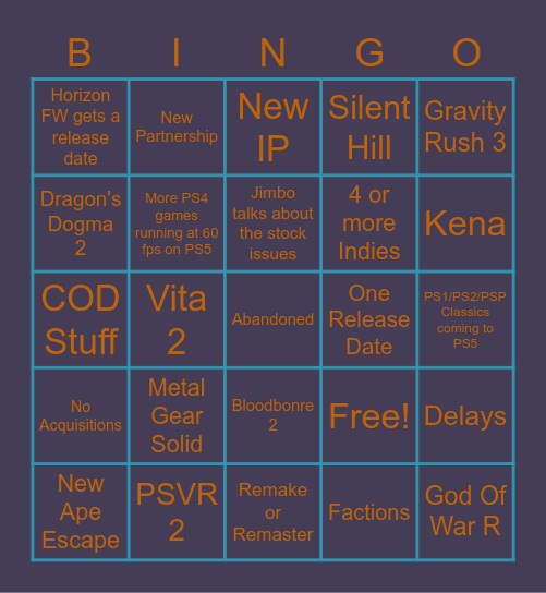 PlayStation Event Bingo Card