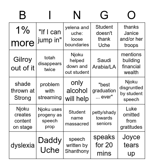 graduation 2021 Bingo Card