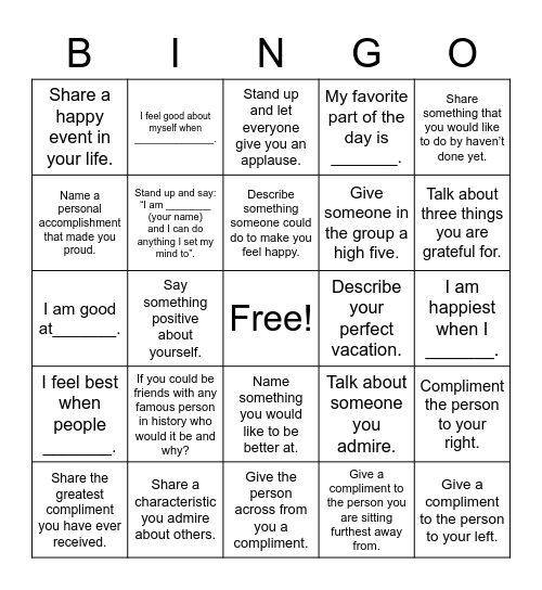 Self-Esteem Bingo Card