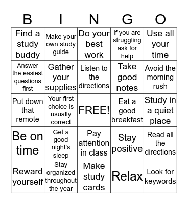 STUDY SKILLS/TEST TAKING TIPS Bingo Card