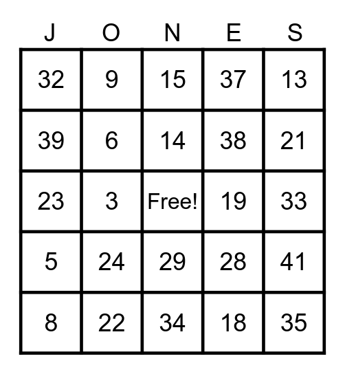 JONES Bingo Card