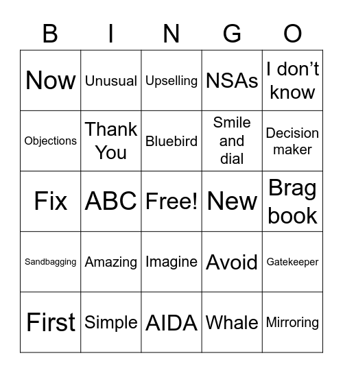 Sales Words Bingo Card