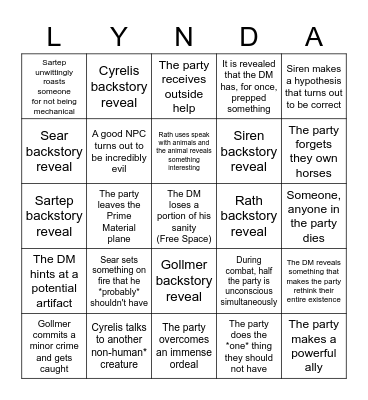 Exandria Bingo Extravaganza Bingo Card