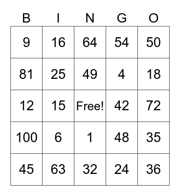 Multiplication Bingo Card