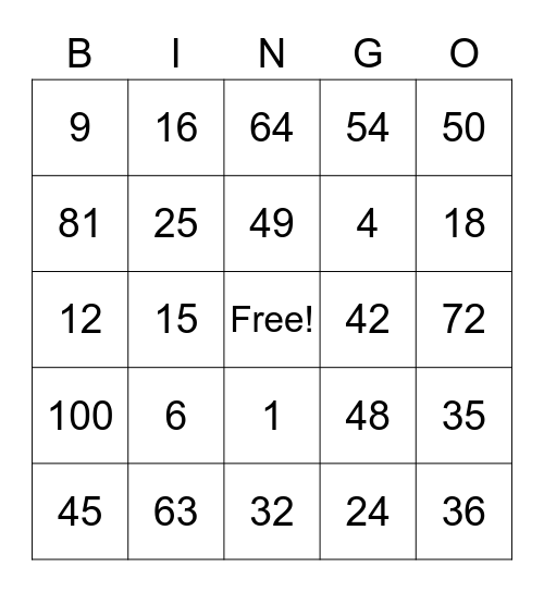 Multiplication Bingo Card