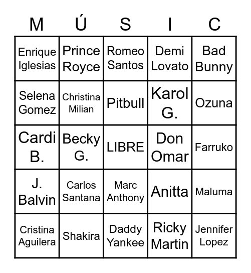 La música Bingo Card