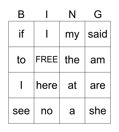 Snap Word Bingo Card