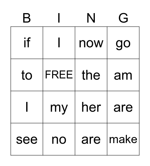 Snap Word Bingo Card